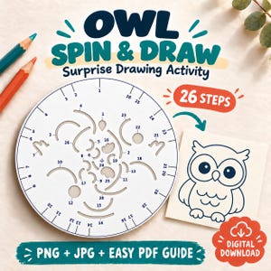 May include: A white circular drawing stencil with numbered cutouts for an Owl Spin & Draw activity. The stencil features 26 steps, accompanied by a finished owl line drawing, two coloured pencils, and text reading PNG + JPG + EASY PDF GUIDE.