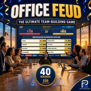 Op de afbeelding: Een digitaal teambuildingspel genaamd Office Feud, weergegeven op een groot scherm in een vergaderruimte. Het scherm toont spelscores, ronde 40 van 40 en een enquêtevraag met antwoorden zoals Support, Friendship en Shared Success.