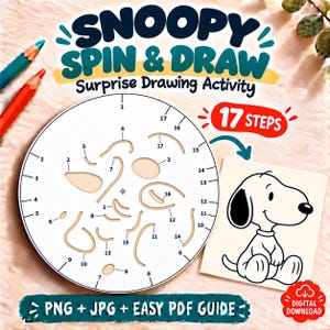 May include: A Snoopy Spin & Draw surprise drawing activity kit featuring a circular white stencil with numbered cutouts from 1 to 17, a finished Snoopy character illustration, and text indicating 17 steps, PNG, JPG, and easy PDF guide.