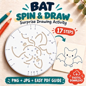 May include: A circular white drawing stencil featuring numbered cutouts for a bat, labeled BAT SPIN & DRAW Surprise Drawing Activity. Includes a 17 steps indicator, a finished bat illustration, and text indicating PNG, JPG, and PDF digital download.
