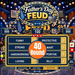 Może przedstawiać: Scena programu dla "Father's Day Feud". Plansza do gry wyświetla kategorie takie jak "Zabawny" i "Kochający" z wynikami. Logo programu przedstawia wąsy i muszkę. Tło zawiera tekst "Best Dad Ever".