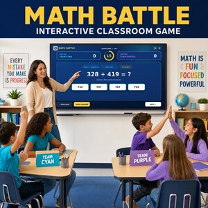 Puede incluir: Un juego interactivo digital para el aula titulado Math Battle que se muestra en una pantalla grande, con la ecuación matemática 328 + 419 = ? con cuatro opciones múltiples. La interfaz muestra los puntajes de Team Cyan y Team Purple.