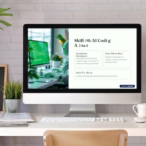Puede incluir: Un ordenador muestra una presentación sobre habilidades de codificación de IA. La pantalla muestra texto, incluyendo "Skill #6: AI Coding" y viñetas sobre la aceleración del desarrollo y el ahorro de tiempo. Una taza y un ratón blancos están en el escritorio.