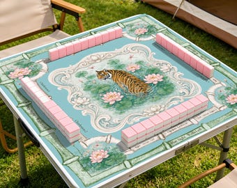 Tiger Lotus Mahj Mat With Instruction, Chinoiseries Bam Mahjong Gift, Luxury Game Night Mat