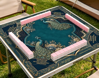 Tappetino da Mahjong con pavone e istruzioni / Elegante tappetino da tavolo da Mahjong con borsa, decorazione per Mahjong Grandmillennial, tappetino da Mahjong antiscivolo