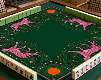 Luxury Mahjong Table Mat Set With Pink Cheetah Design, Unique Mahjong Tiles, Elegant Game Room Decor, Custom Mahjong Gift