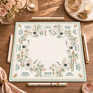 Op de afbeelding: Een vierkante Mahjong-mat met een crèmekleurig midden, vier geïllustreerde kraanvogels, groene bamboestengels en roze bloesems. De rand bevat tekstinstructies voor Dragons, Charleston en Jokers. Vier tegelhouders liggen rondom de mat.