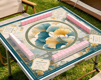 Luxyry Green Gold Ginkgo Leaf Chinoiseries Pagoda Mahjong Mat, Non-Slip Table Protection Cover