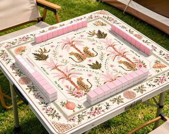 Tappetino da Mahjong con palme rosa e istruzioni, copritavolo da Mahjong leopardato, tappetino da Mahjong Palm Beach Grandmillennial, tappetino da gioco Preppy Safari