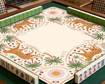 Tappetino da Mahjong di lusso con stampa leopardata, copritavolo con palme tropicali, decorazione per serate di gioco, accessori unici per il Mahjong, regalo per l'ospite, topper moderno per il tabellone di gioco.