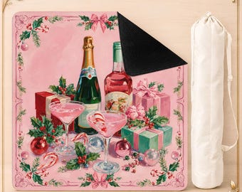 Pink Christmas Cocktail Neoprene Mahjong Mat, Holiday Drinks Gifts Holly Game Table Cover