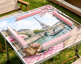 Tappetino da Mahjong con Torre Eiffel, Fiori di ciliegio, Scena del fiume parigino, Copritavolo da gioco a tema picnic primaverile, Accessori per Mahjong, Regalo unico