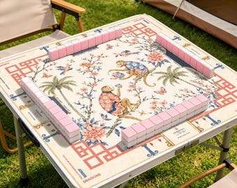 Chinoiserie Monkey Pagoda Mahjong Mat, Elegant Monkey & Floral Design Game Mat, Luxury Mahjong Table Cover, Unique Mahjong Gift