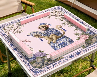 Tappetino da Mahjong Chinoiserie con motivo a pagoda di scimmie, elegante tappetino da gioco con design di scimmie e fiori, copritavolo da Mahjong di lusso, regalo unico per gli appassionati di Mahjong