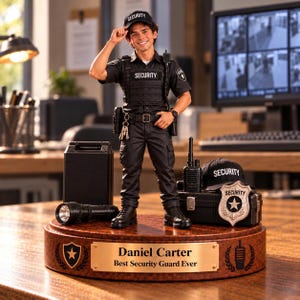 Peut inclure: Une figurine de gardien de sécurité portant un uniforme noir, une casquette et un gilet tactique avec le mot SECURITY imprimé sur la poitrine et la casquette. La figurine repose sur un socle rond avec une plaque Daniel Carter Best Security Guard Ever.