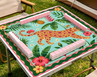 Tappetino da Mahjong Preppy Leopard Floral con borsa per il trasporto, tappetino da gioco da tavolo, regalo per giocatori o padroni di casa 31,5"x31,5"