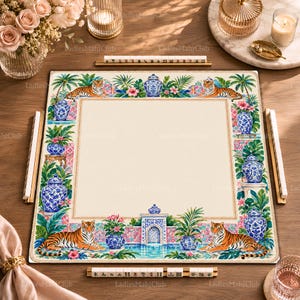 Chinoiserie Tiger Neoprene Mahjong Mat, Blue Porcelain Ginger Jar Garden, Elegant Game Night Gift, Non Slip Table Cover, SHIPS ROLLED