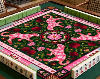 Tappetino da Mahjong rosa preppy leopardato con borsa portaoggetti, tappetino da gioco con tessere a fantasia floreale di pomodori per serate di gioco