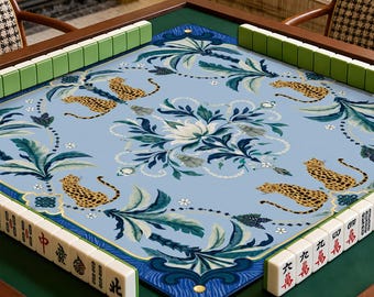 Protezione per tavolo quadrata con stampa leopardata, tappetino da Mahjong blu con motivi botanici, tappetino da gioco di lusso, decorazione per la casa con motivo animalier unico