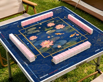 Tappetino da Mahjong a pagoda in stile Chinoiserie blu, tappetino da gioco con motivo loto e carpa koi bianca, copertura protettiva antiscivolo per tavolo.