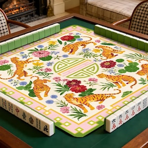 Pretty Chinoiserie Tiger Mahjong-matta med förvaringspåse, Tigerblommig tropisk spelkväll kakelspelsmatta present till spelare eller värdar