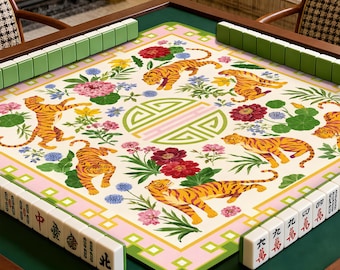 Tappetino da Mahjong Preppy Chinoiserie con tigre e borsa per il trasporto, tappetino da gioco con tessere tropicali e motivi floreali a tema tigre, ideale per serate di gioco, regalo perfetto per giocatori o padroni di casa.