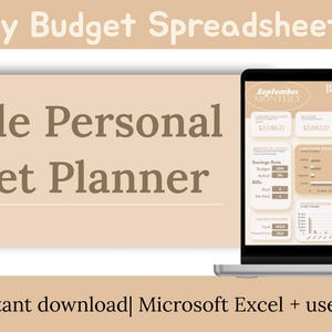 May include: A laptop displays a personal budget planner dashboard. The image includes the text "Monthly Budget Spreadsheet Excel" and "Simple Personal Budget Planner." An Excel icon is also visible.