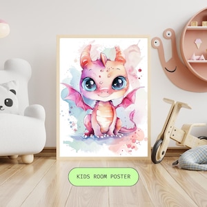 Magical Watercolor Baby Dragon Nursery Art - Instant Digital Download - Printable Kids room decor