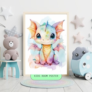 Magical Watercolor Baby Dragon Nursery Art - Instant Digital Download - Printable Kids room decor