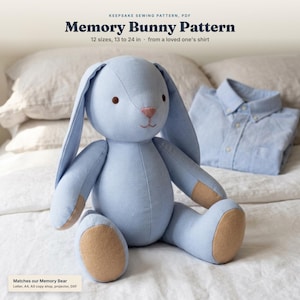May include: A light blue fabric bunny toy with long ears, brown eyes, and a pink nose. The text reads: KEEPSAKE SEWING PATTERN, PDF, Memory Bunny Pattern, 12 sizes, 33 to 61 cm, from a loved one's shirt. Matches our Memory Bear.