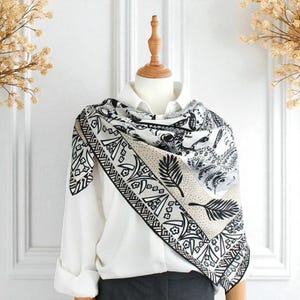 Silk Twill Scarf: Hibiscus Print Shawl, Beige, White & Black