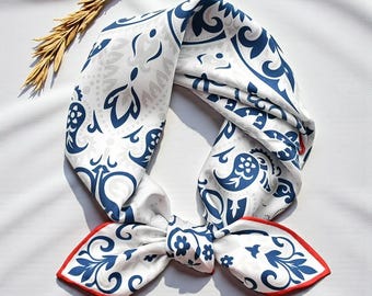 Floral Twill Silk Scarf: Blue and White Bandana 65 cm