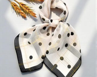 Black Silk Chiffon Scarf With Large Polka Dot Print - White Dot