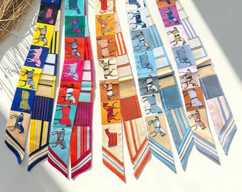 Luxury Horse Print Skinny Silk Scarf for Women Hair Tie Twilly Bag Ribbon