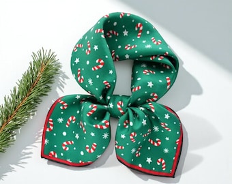 Silk Twill Scarf Green - Christmas Print Square Bandana 65 cm