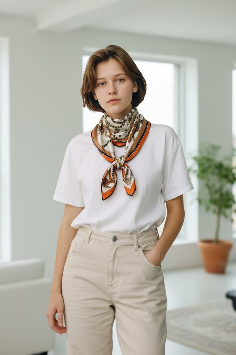 May include: A silk scarf with a cream background and a brown and orange border is tied around the neck. The scarf features a repeating pattern of ornate designs. The person is wearing a white t-shirt and tan pants.