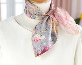 Mulberry Silk Scarf: Oil Painting Pink, Square Neckerchief - 52x52cm