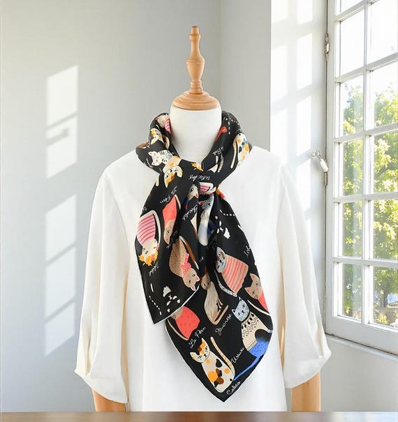 Cat Print Silky Scarf  Colorful Cartoon Cat Print Silk Scarf on Luulla main image 2