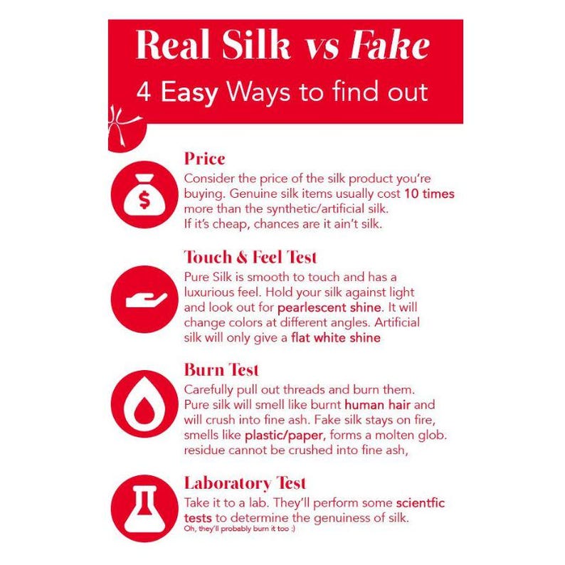 May include: A red and white infographic titled "Real Silk vs Fake" with four methods to identify genuine silk. The methods include price, touch & feel, burn test, and laboratory test. Each method has a corresponding icon.