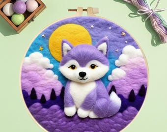 Kit DIY de feutrage à l'aiguille de loup - Ensemble d'artisanat en laine pour débutants avec outils, tapis et instructions | Sculpture de loup faite main et cadeau pour les artisans