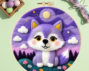 Kit de feutrage à l'aiguille loup pour débutants - artisanat en laine avec outils, tapis et guide étape par étape, figurine de loup faite main, cadeau de passe-temps créatif