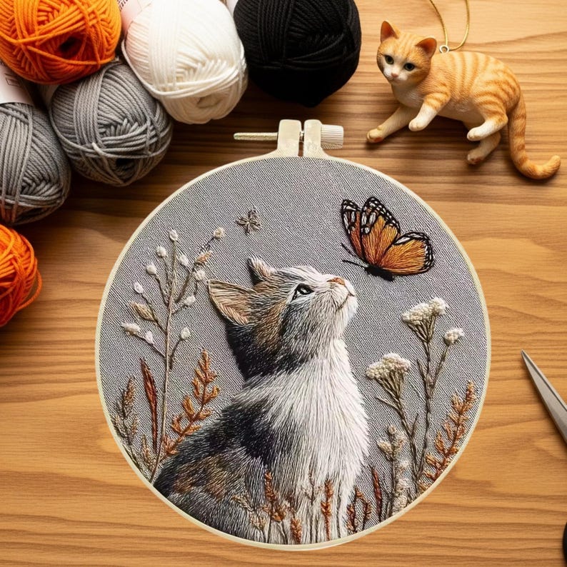DIY Cat Punch Needle Embroidery Kit –beginner Craft Set With Hoop, Yarn ...