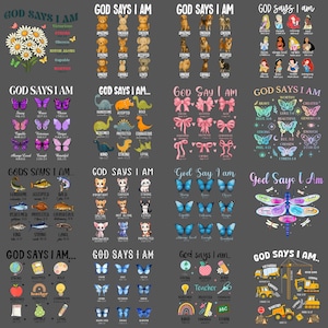 Puede incluir: Una colección de diseños gráficos con la frase "Dios dice que soy" y varias afirmaciones. Los diseños presentan imágenes de mariposas, animales, flores y palabras inspiradoras. La paleta de colores incluye tonos de azul, rosa y amarillo.