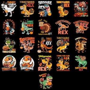 Puede incluir: Una colección de diseños gráficos coloridos con dinosaurios con temas de Acción de Gracias. Cada diseño incluye un personaje de dinosaurio, una calabaza y el texto "Turkey Saurus Rex". Los diseños están sobre un fondo negro.