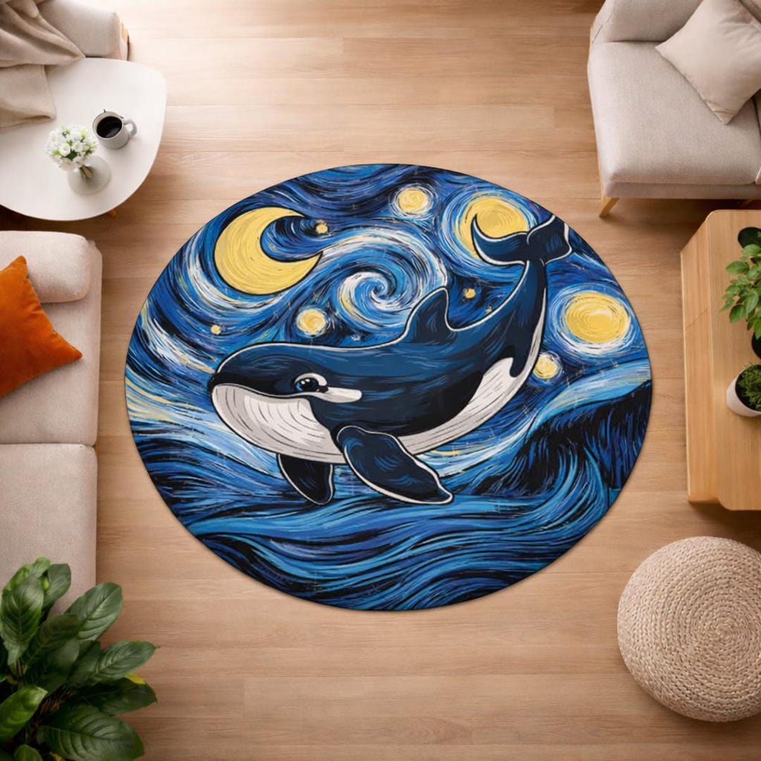 Whimsical Whale Round Rug, Starry Night Ocean Illustration Circular Rug ...