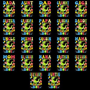 May include: A black background featuring numerous dinosaur-themed birthday designs. Each design shows a green dinosaur with a cake and the words "Birthday Boy." Family titles such as "Dad," "Mom," and "Grandma" are included.