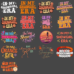 May include: A collection of colorful graphic designs with the text "IN MY SHOWGIRL ERA" in various fonts and styles. The designs feature disco balls, padlocks, and floral elements, set against a dark gray background. The overall theme is retro and playful.