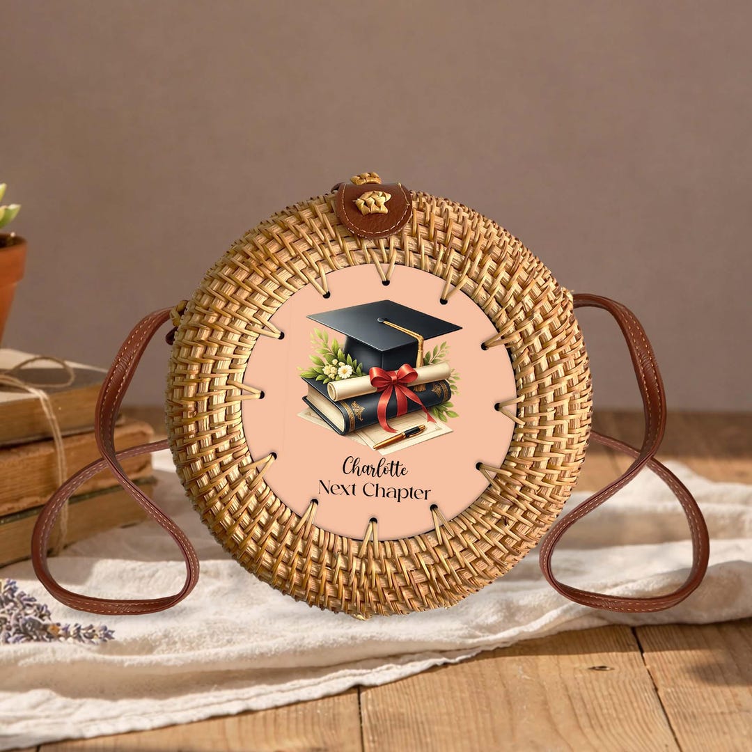 Round Rattan Bag With Graduation Cap Design, Custom Name and Quote ...