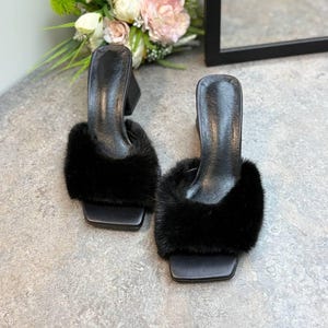 Soft fur mules, fluffy mule heels, black fur mules, stylish color shoes, autumn block mules, fashion open toe mules, evening heel mules