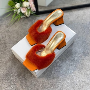 Orange fur mules, chic mule sandals with block heel, open toe luxury women heels, trendy fluffy mule dress shoes for fall fashion style
